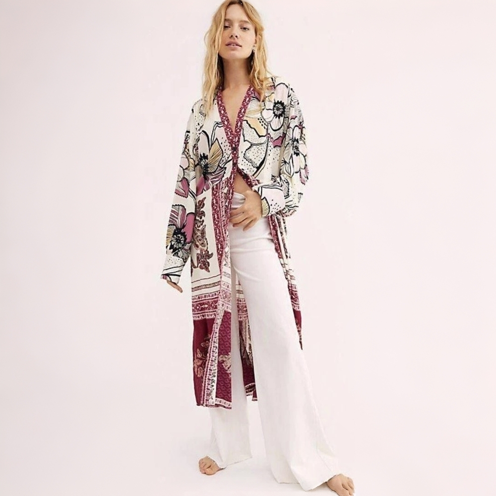 Free People Kimono Boho Maxi Top Beach Cover Up Oversized S Resort Floral Dress - Picture 3 of 16